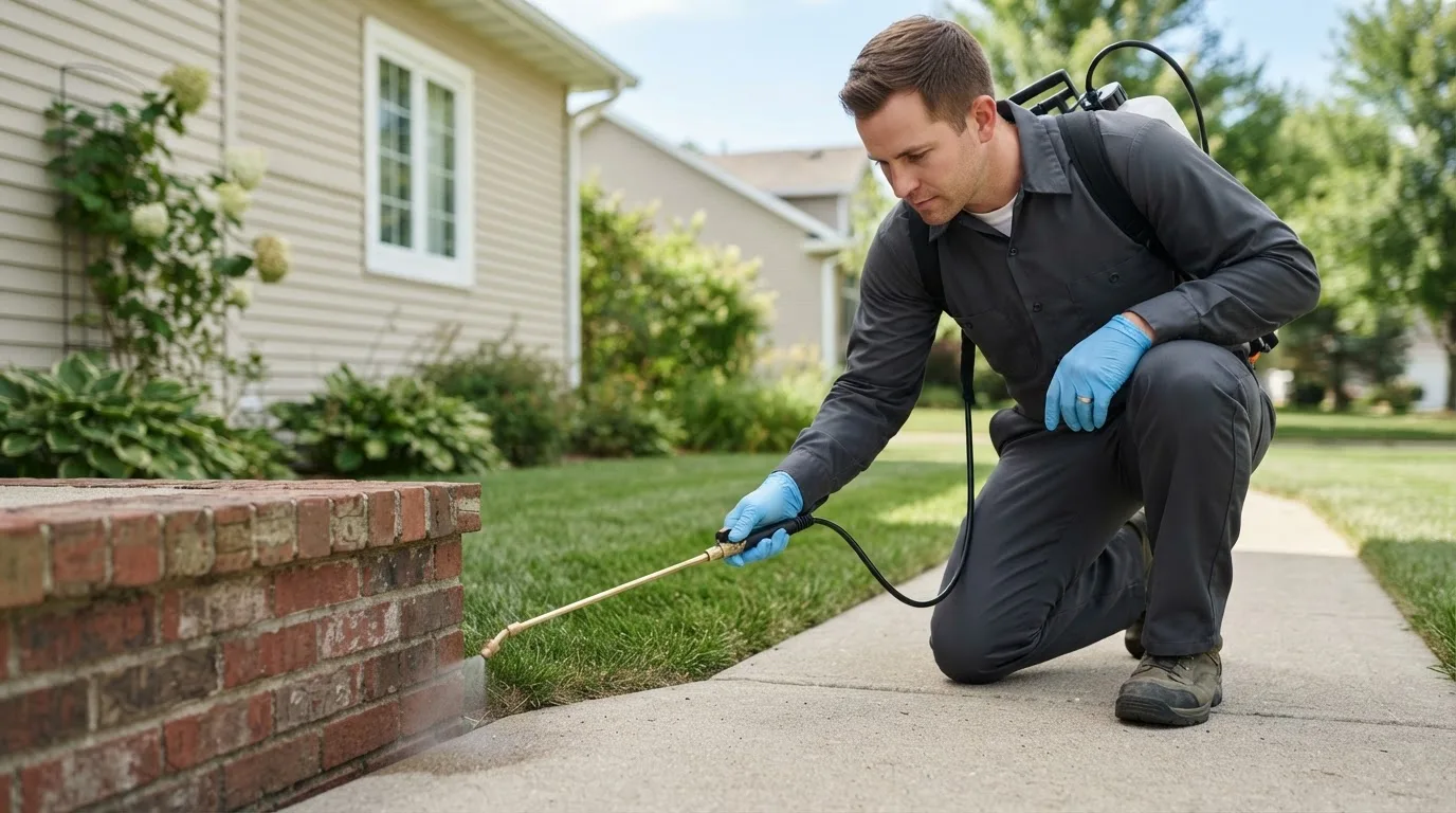 Pest control technician treating a home near Walcott, ND